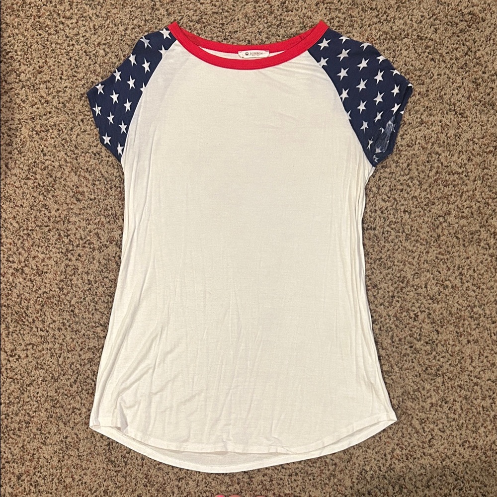 Casual White Tee with Navy Star Sleeves